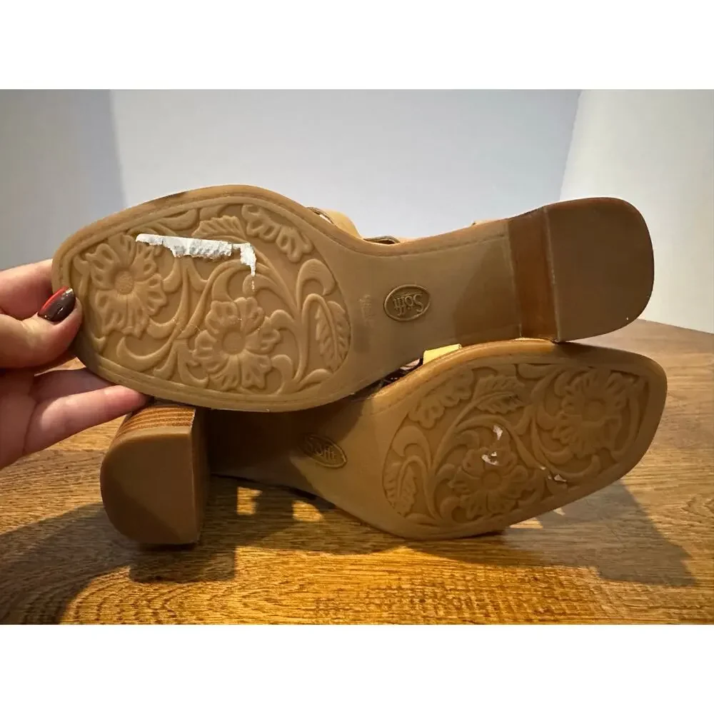 Sofft Women's Stratford Leather Cage Block Heel Sandals – Tan – Sz 9 – NWOB
